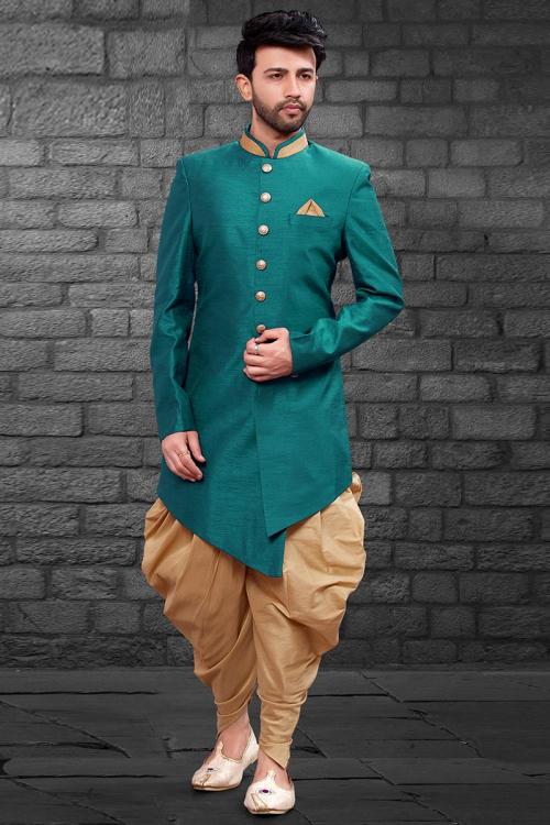 Art Silk Teal Blue Men Sherwani With Dhoti