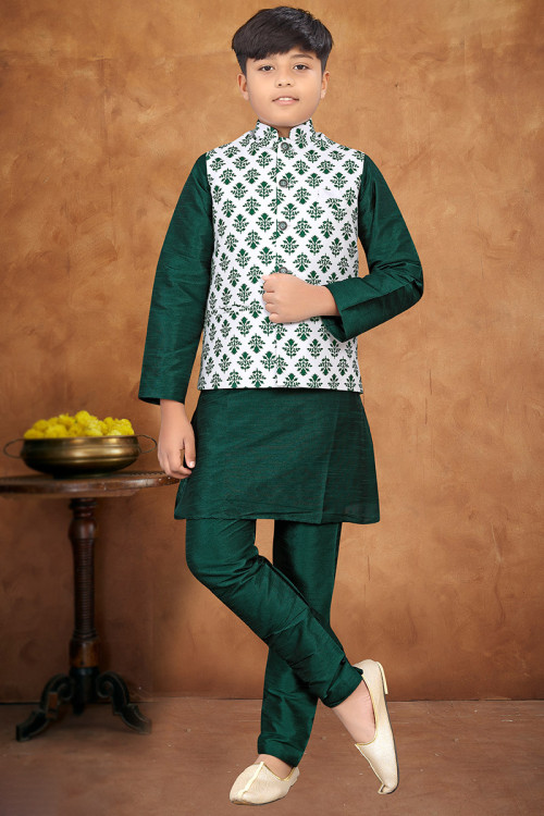 Art Silk Teal Green Jacket Style Boy's Kurta Pajama