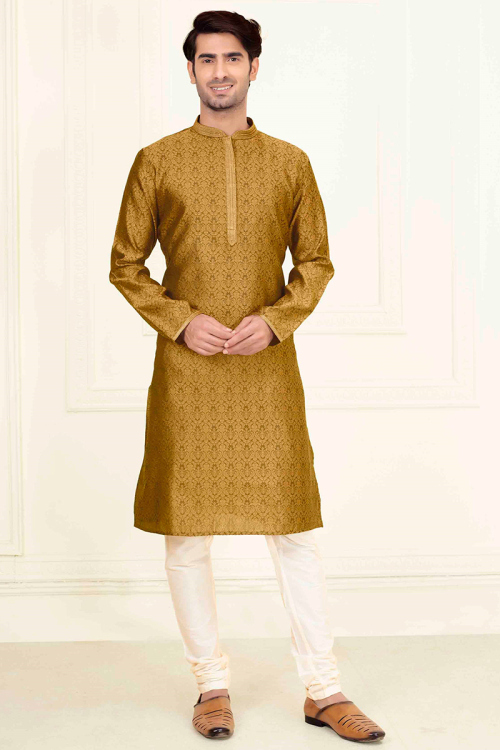 Art Silk Trombone Yellow Woven Zari Men's Kurta Churidar
