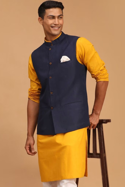 Art Silk Turmeric Yellow Plain Men's Jacket Style Kurta