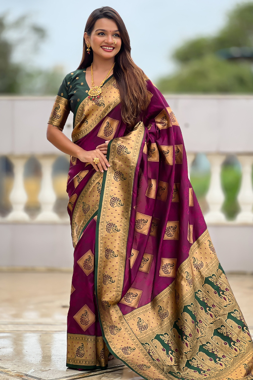 Art Silk Weaved Plum Purple Broad Border Saree 