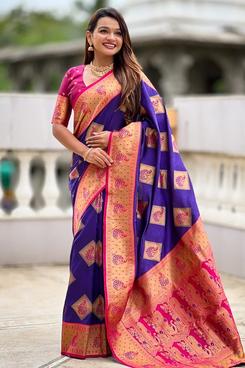 Art Silk Weaved Violet Purple Broad Border Saree 