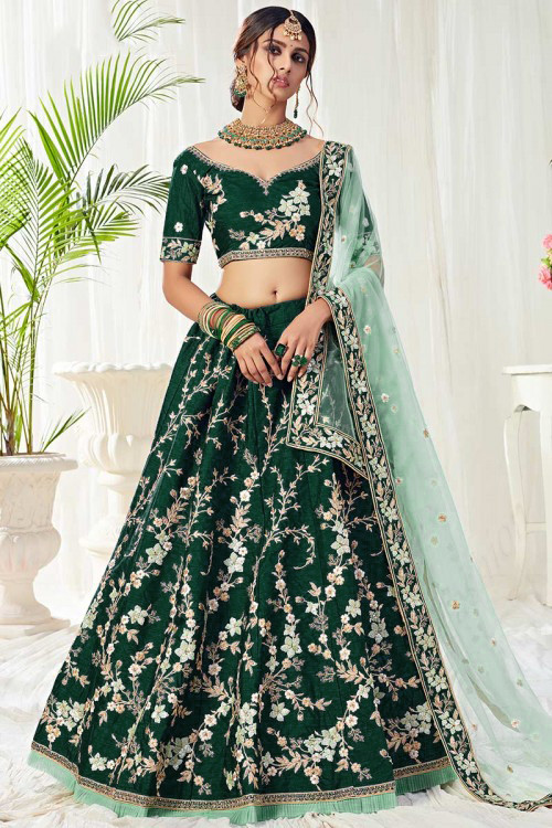 Art Silk Wedding Wear Lehenga Choli In Bottle Green Color