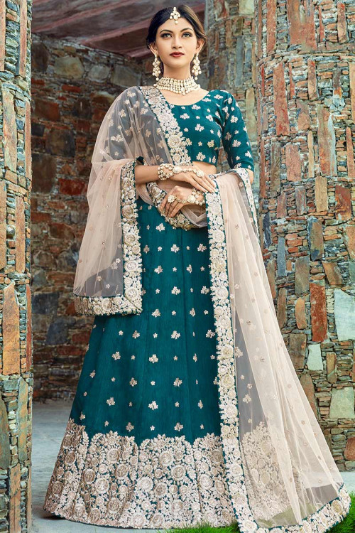 Art Silk Wedding Wear Lehenga Choli In Teal Green Color