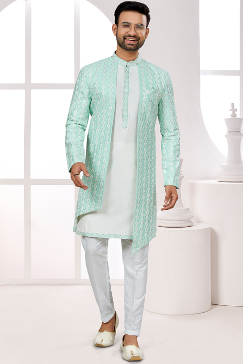 Art Silk White Embroidered Western Jacket Style Mens Kurta Pajama