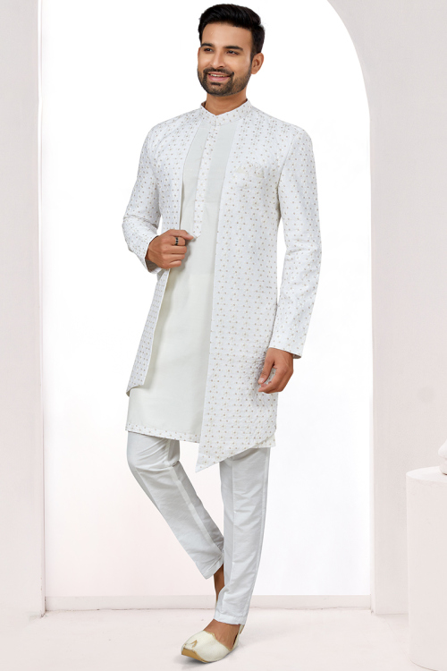 Art Silk White Embroidered Jacket Style Kurta Pajama for Men