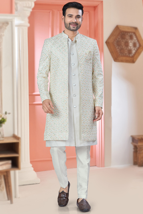 Art Silk White Sherwani With Embroidered Jacket For Weddings