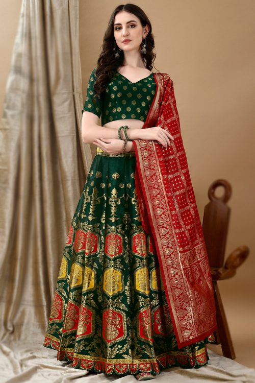 Art Silk Woven Zari Bottle Green Panelled Style Lehenga