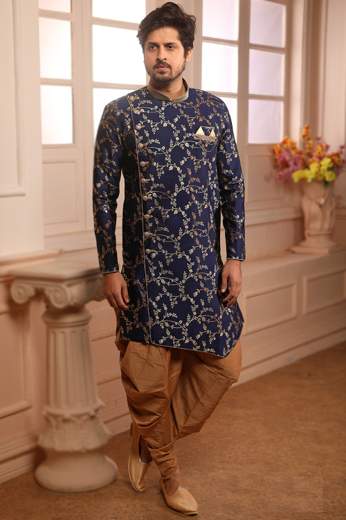 Art Silk Woven Zari Navy Blue Angrakha Style Men's Sherwani 