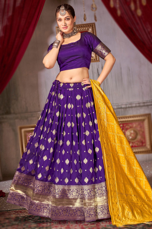 Art Silk Zari Weaved Violet Purple Flared Style Lehenga 