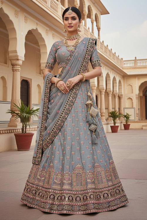 Ash Grey Art Silk Embroidered A Line Lehenga For Festival
