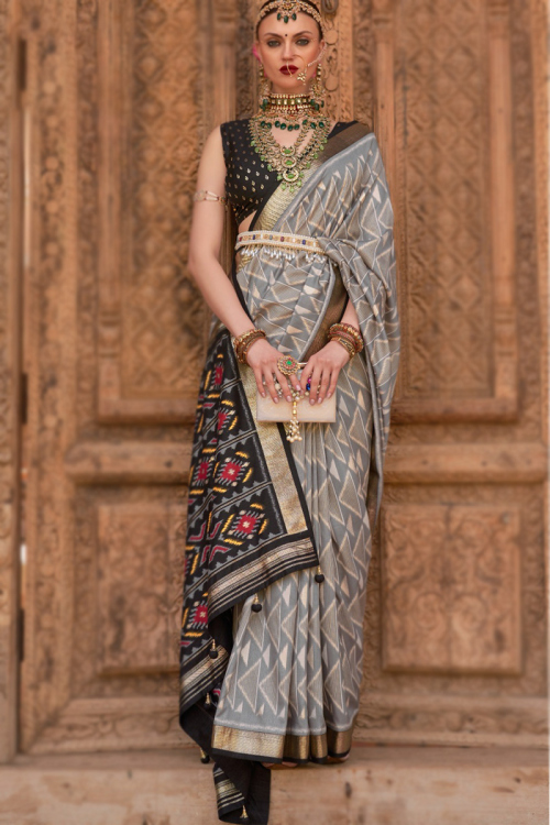 Ash Grey Art Silk Printed Broad Border Saree