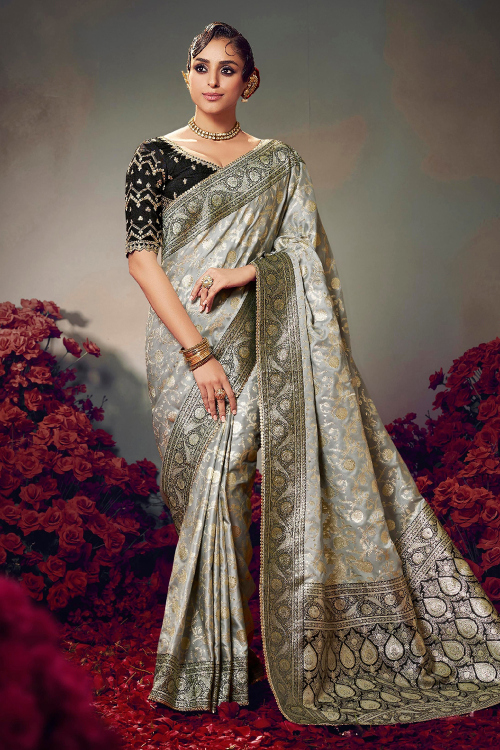 Ash Grey Art Silk Weaved Broad Border Saree 
