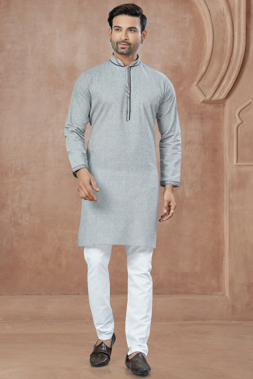 Ash Grey Cotton Embroidered Straight Cut Men's Kurta Pajama 