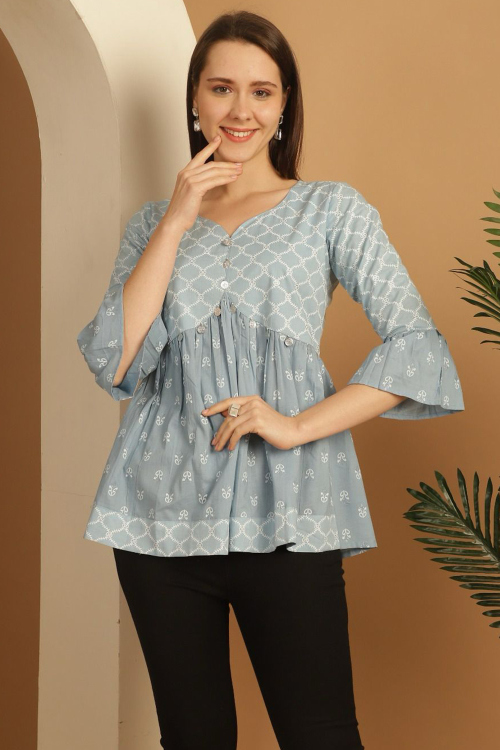 Ash Grey Cotton Frock Style Kurti With Printed Work