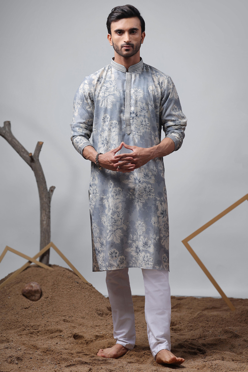 Ash Grey Cotton Men's Kurta Pajama With Printed Work