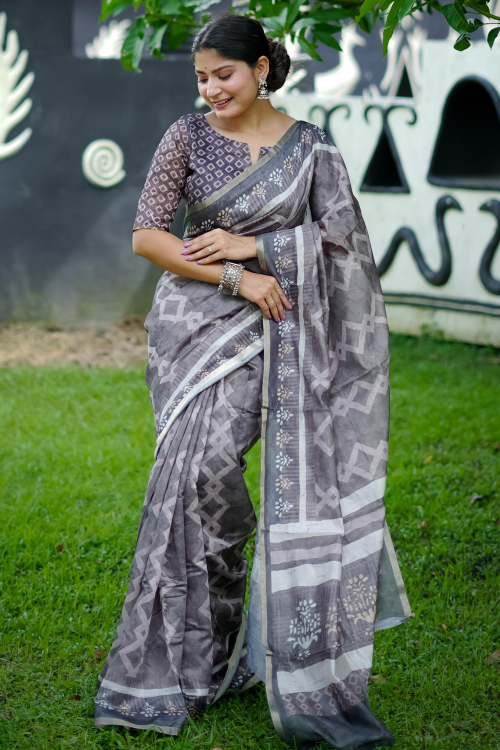Ash Grey Cotton Printed Light Weight Saree 