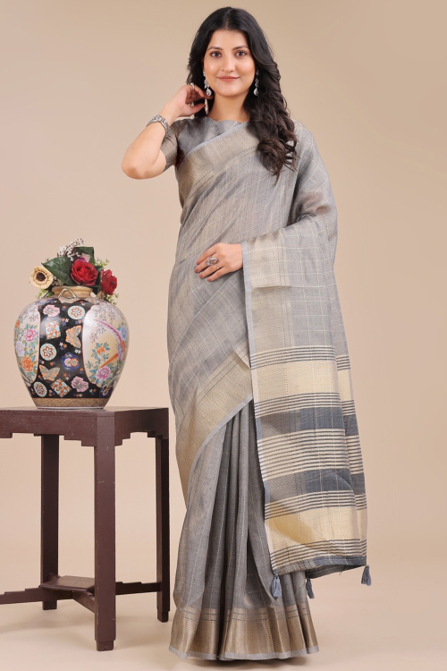 Ash Grey Cotton Saree with Woven Zari Work for Navratri Festive