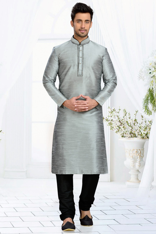 Ash Grey Dupion Silk Men's Kurta Churidar With Zari Work