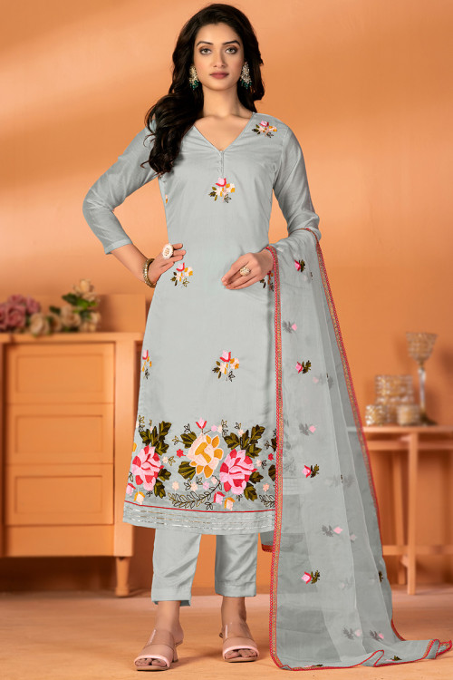 Ash Grey Embroidered Chiffon Straight Cut Trouser Suit 