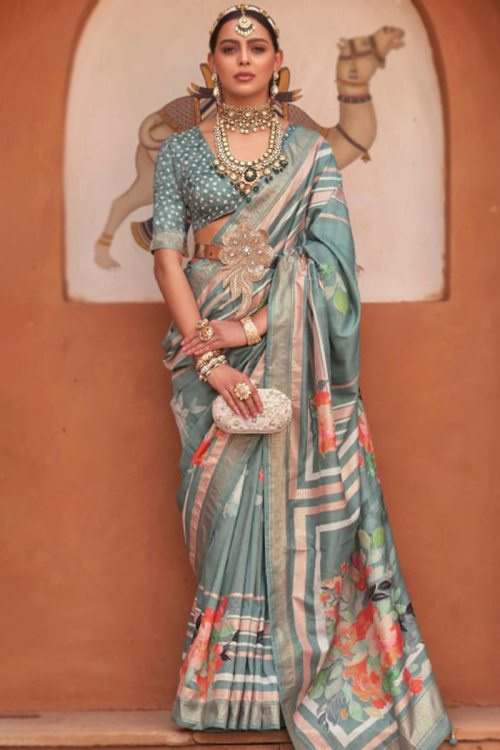 Ash Grey Floral Print Casual Wear Silk Light Weight Saree 