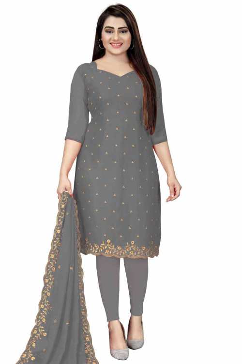 Indian Ash Grey Georgette Churidar Suit With Zari Work
