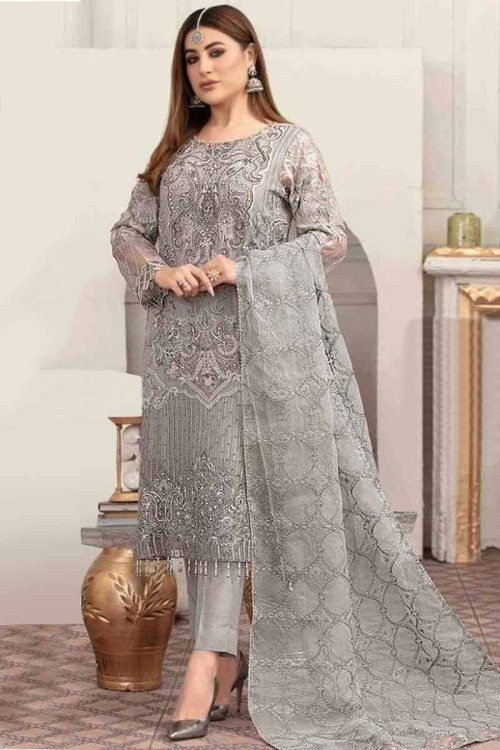 Ash Grey Georgette Embroidered Trouser Suit