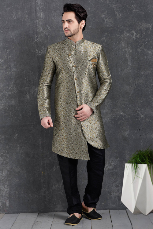 Ash Grey Jacquard Weaved Thread Asymmetrical Men's Sherwani