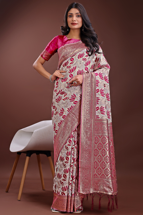 Ash Grey Linen Woven Zari Light Weight Saree