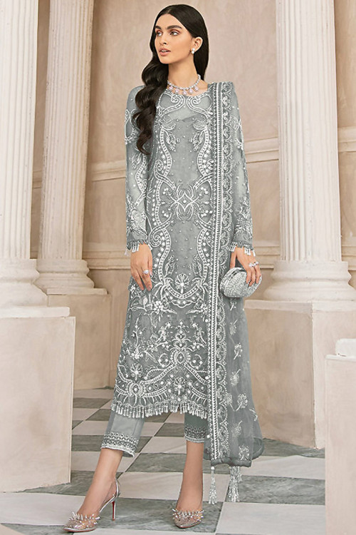 Ash Grey Net Embroidered Trouser Suit