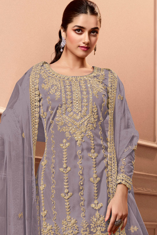 grey net embroidered straight trouser suit 36001