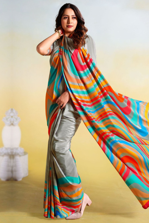 Ash Grey Printed Crepe Saree For Casual Wear
