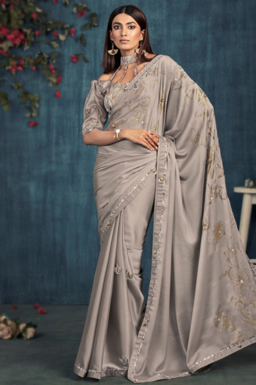 Ash Grey Printed Silk Saree For Sangeet