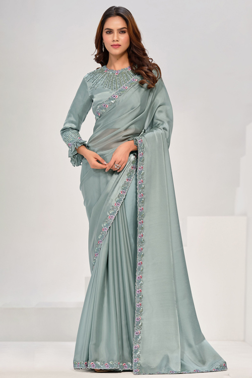 Ash Grey Silk Dori Embroidered Light Weight Saree