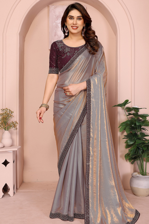 Ash Grey Satin Saree With Stone Work for Festival 