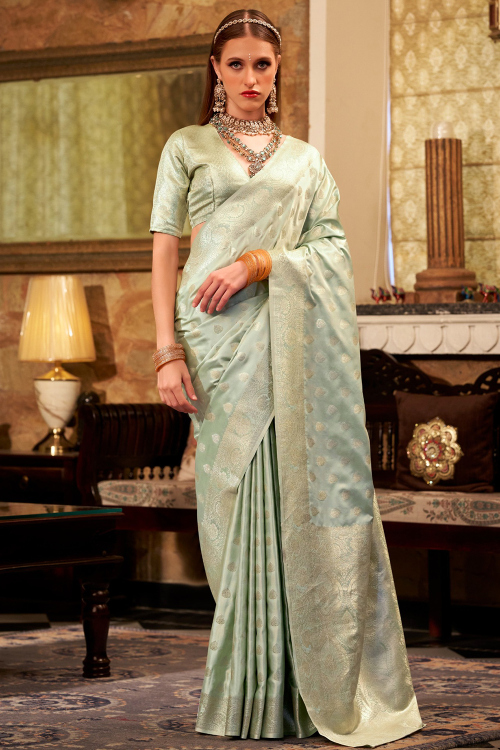 Ash Grey Satin Silk Handloom Saree With Woven Zari Work