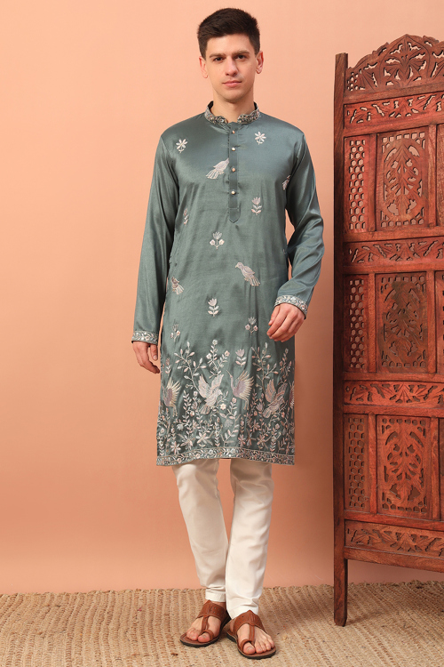 Ash Grey Silk Blend Men's Kurta Pajama With Sequins Work For Diwali
