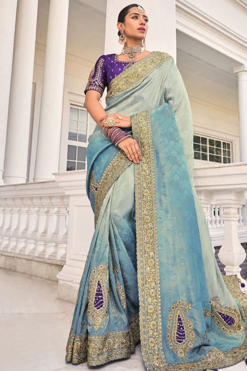 Ash Grey Silk Embroidered Heavy Saree for Sangeet 