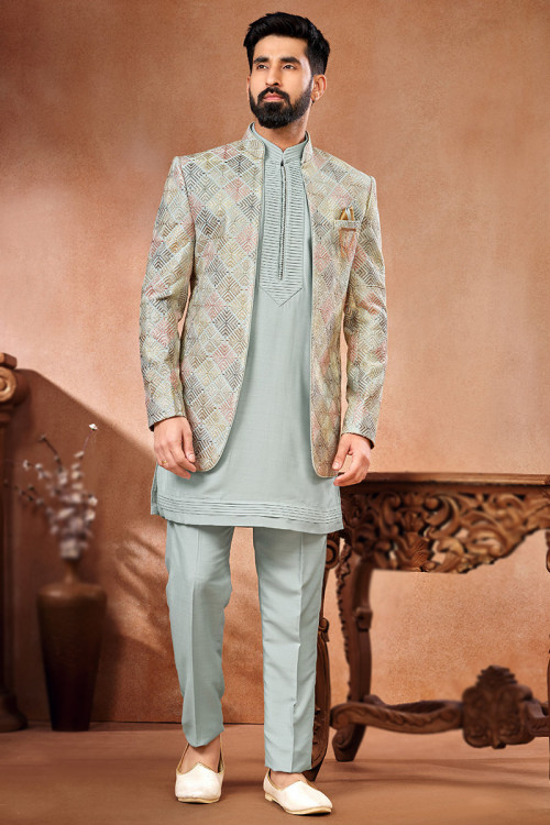 Ash Grey Silk Embroidered Jacket Style Men's Kurta Pajama