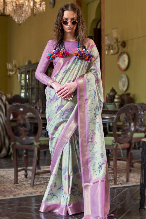 Ash Grey Silk Printed Light Weight Saree