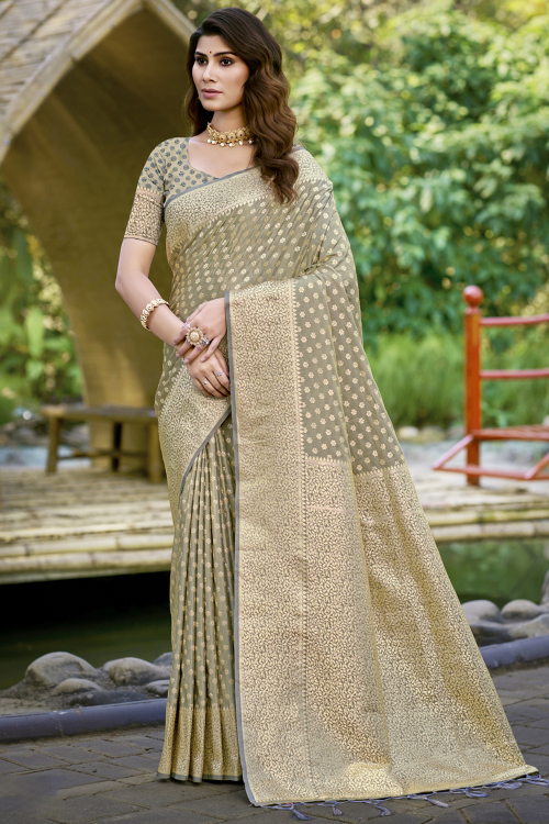 Ash Grey Silk Woven Zari Broad Border Saree 