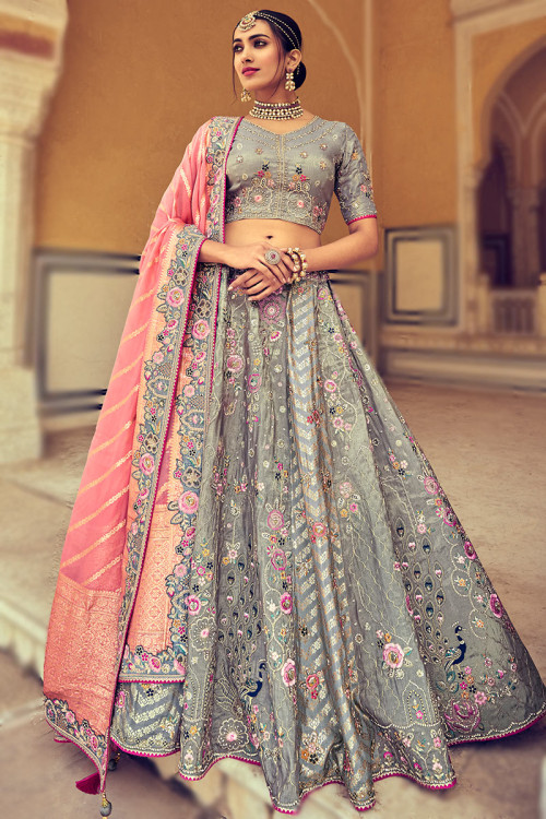 Women's Pink And Grey Net Embroidered Lehenga - Myracouture | Grey lehenga,  Lehenga choli, Lehenga