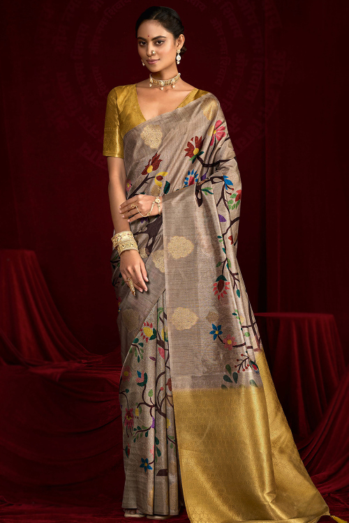 Ash Grey Soft Silk Broad Border Saree With Woven Zari Work