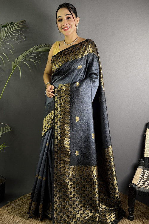 Ash Grey Soft Silk Printed Broad Border Saree 