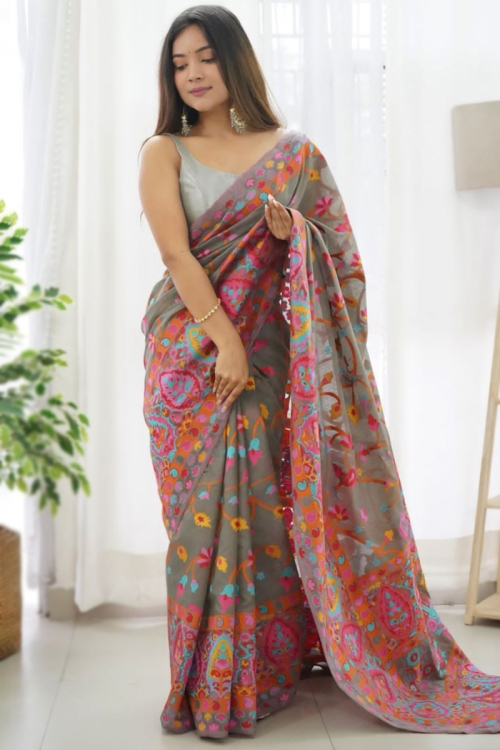 Ash Grey Soft Silk Weaved Thread Light Weight Saree