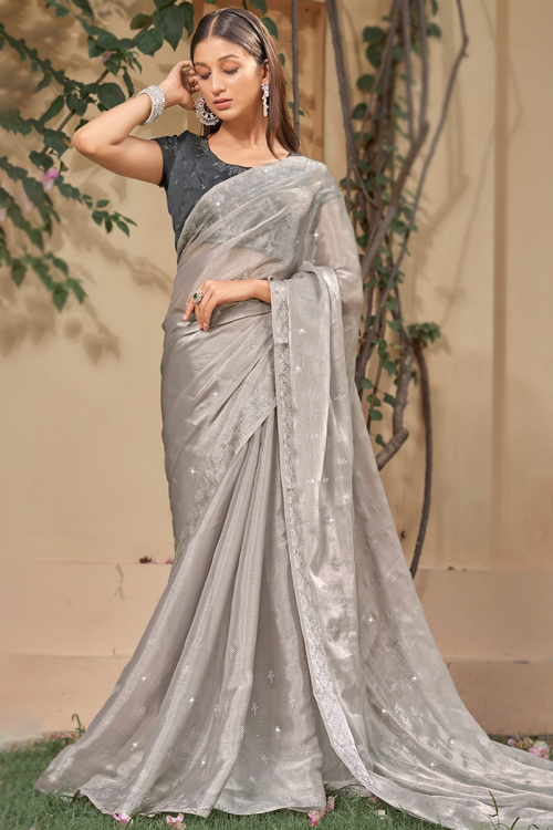 Ash Grey Stone Embroidered Chiffon Saree For Sangeet
