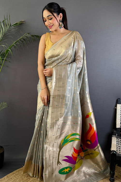 Ash Grey Tissue Weaved Paithani Saree