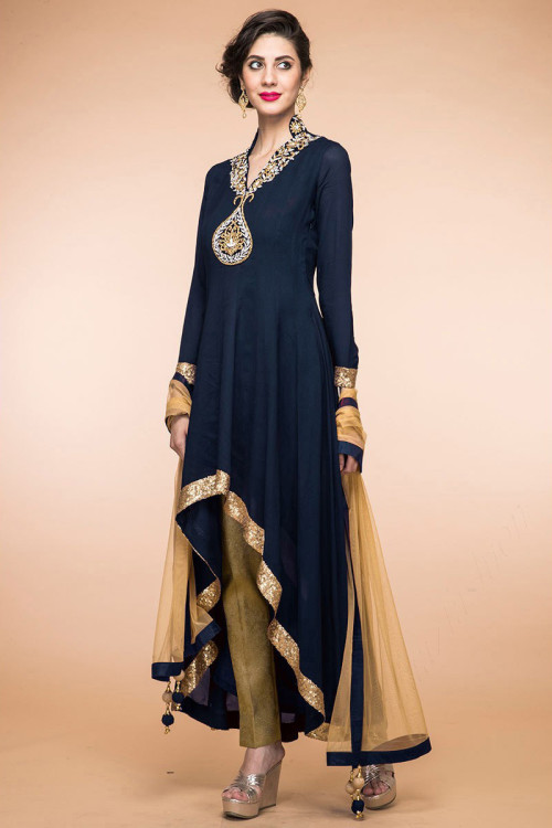 attractive blue crepe and silk trail cut anarkali suit with cigarette pant 1837 blue 1