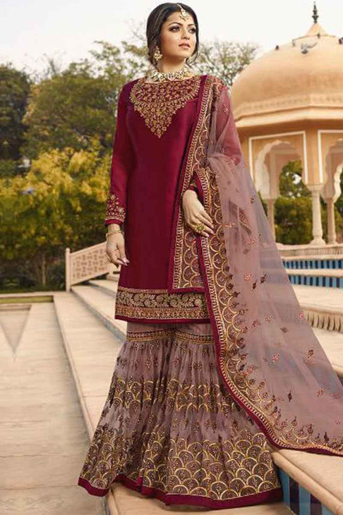 Maroon Tussar Silk Embroidered Party Wear Suit | Latest Kurti Designs