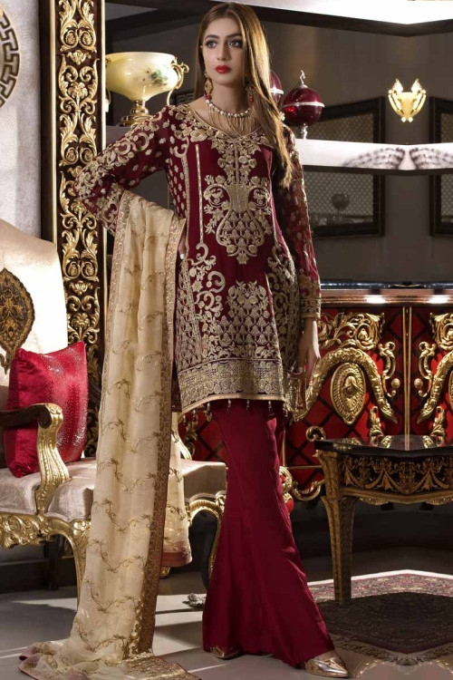 Attractive Maroon Chiffon Palazzo Pant Suit 